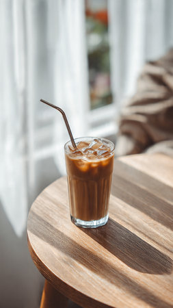 Iced coffee with milk in a glass on a wooden table.