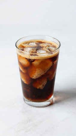 Cola with ice cubes in a glass on a white marble background.
