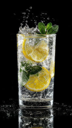 Cocktail with lemon, mint and ice on a black backgroundの写真素材