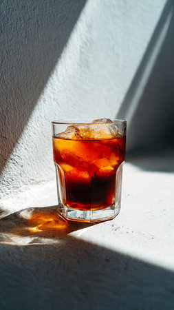 Cola with ice cubes in a glass on the background of a white wallの写真素材