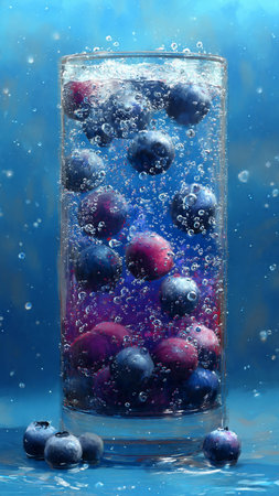 Blueberry and blueberry in a glass of water with bubbles on a blue backgroundの写真素材