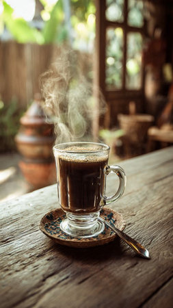 Coffee cup on wooden table in coffee shop, stock photoの写真素材