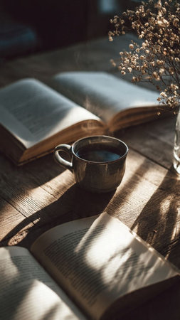 Cup of coffee and books on wooden table in morning sunlight.