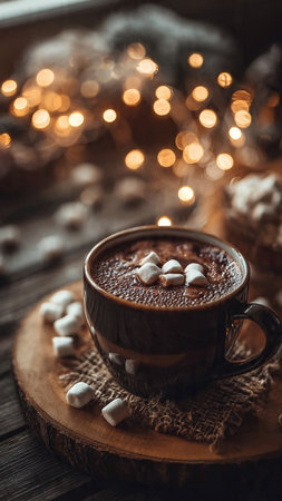 Cup of hot chocolate with marshmallows on wooden background.の写真素材