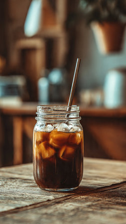 Iced coffee in glass jar with straw on wooden table in cafeの写真素材