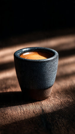 Espresso coffee in a ceramic cup on a wooden table.の写真素材