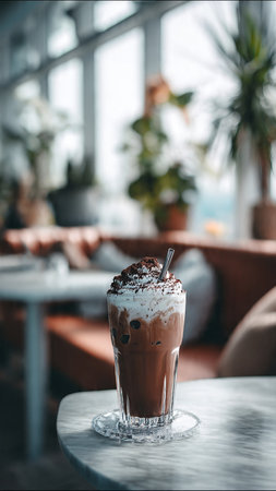 Iced chocolate with whipped cream in a glass on the table.の写真素材