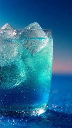 Glass of cold blue water with ice cubes on blue background. Close up.の写真素材