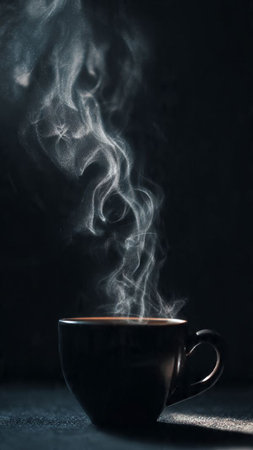Cup of hot coffee with steam on dark background, copy spaceの写真素材