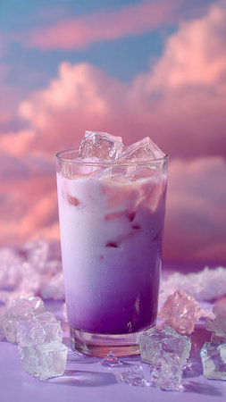 Ice coffee in a glass with ice cubes on a purple background.の写真素材