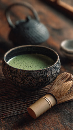 Green matcha tea in a bowl and whisk on a wooden table
