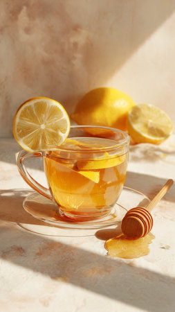 Cup of tea with lemon and honey on light background, closeupの写真素材