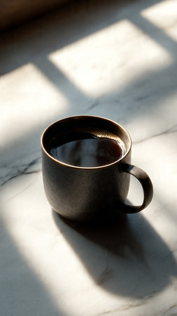 Coffee cup on white marble table with shadow from window.の写真素材