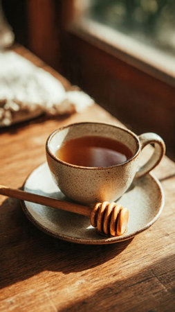 Cup of tea with honey on a wooden table in a cafeの写真素材