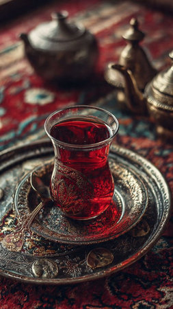 Traditional turkish tea in a glass on a vintage background. Selective focus.の写真素材