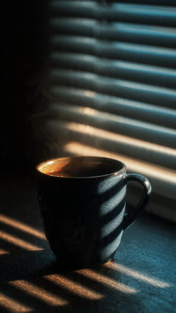 Cup of coffee on the windowsill in the rays of the morning sunの写真素材