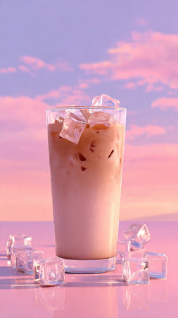 Iced coffee with ice cubes on pink sunset background, close upの写真素材