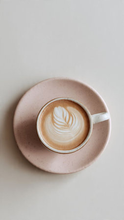 Coffee cup with latte art on white background, stock photoの写真素材