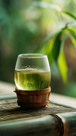 Green tea in a glass on a bamboo table with a green backgroundの写真素材