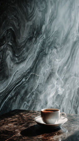 Cup of coffee on table with black marble wall background.の写真素材