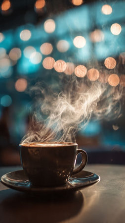 Coffee cup on the table in coffee shop with bokeh backgroundの写真素材