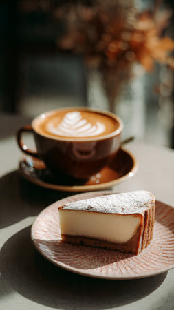 A cup of coffee and a piece of cake on the table.の写真素材