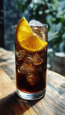 Glass of cola with ice cubes and slice of orange on wooden tableの写真素材