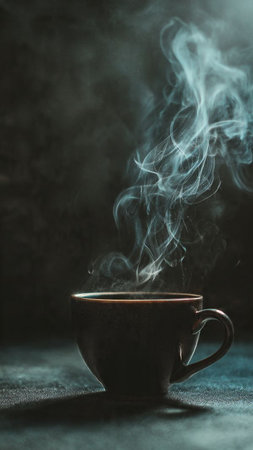 Cup of hot coffee with smoke on dark background, close upの写真素材