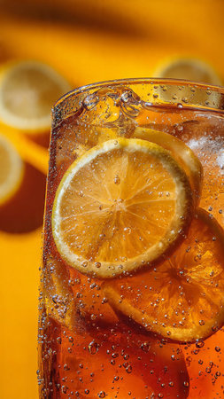Cocktail with ice and lemon slices on orange background, close up