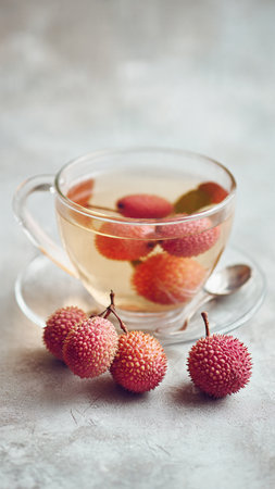 Fresh lychees in glass cup on concrete background, selective focusの写真素材