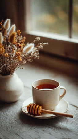 A cup of tea with honey and dry flowers on the windowsillの写真素材
