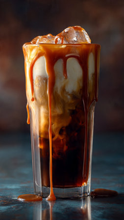 Iced coffee with caramel sauce in a glass on a dark backgroundの写真素材