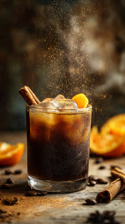 Cuba libre cocktail with orange, cinnamon and ice on wooden background