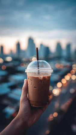Iced coffee in plastic cup on hand with cityscape background.の写真素材