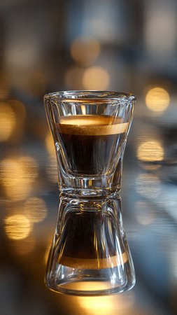 Close up shot of whisky in a shot glass on the bar counterの写真素材