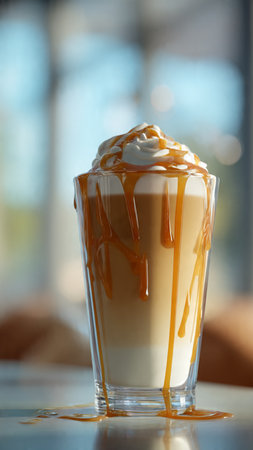 Coffee with caramel sauce in glass on table, closeupの写真素材