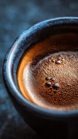 Cup of coffee on dark stone background, selective focus, close upの写真素材