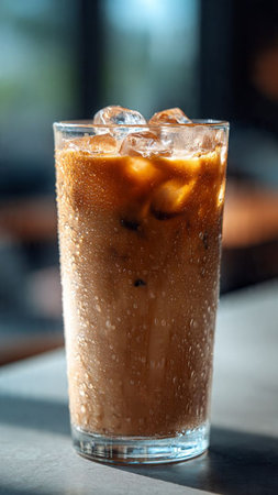 Iced coffee with ice cubes on table in coffee shop, stock photo