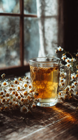 Cup of tea with chamomile flowers on a wooden background.の写真素材
