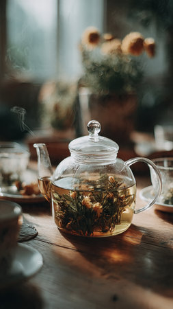 Green tea in a glass teapot on a wooden table.の写真素材