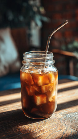 Iced coffee in a glass jar with straw on a wooden tableの写真素材