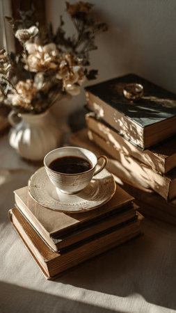 Cup of coffee and old books on the windowsill in the morningの写真素材