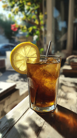 Glass of iced tea with lemon on table in cafe, closeupの写真素材