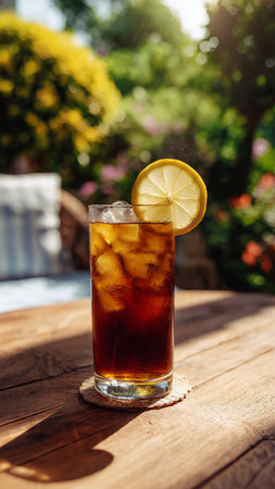 Glass of cola with ice cubes and lemon slice on wooden tableの写真素材