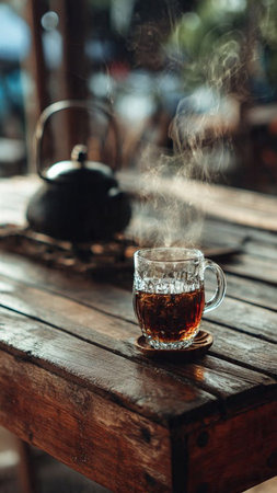 Cup of tea on a wooden table with a kettle in the backgroundの写真素材