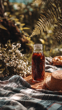 Beverage in a glass bottle with a straw hat on a plaid