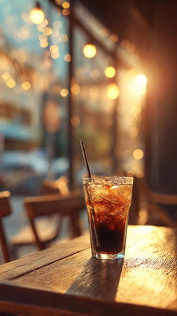 Glass of cold cola with ice cubes on wooden table in cafeの写真素材