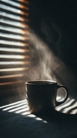 Cup of coffee on a dark background with rays of light.の写真素材