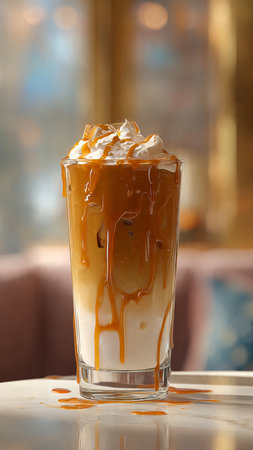 Iced coffee with caramel sauce in glass on table, closeupの写真素材