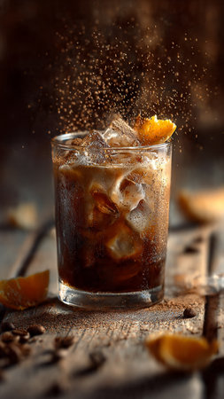 Cola with ice cubes and pieces of orange on a wooden background.